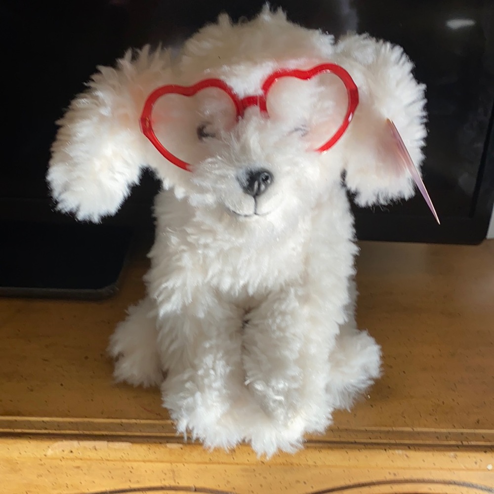 - 12" Shaggy Mutt Plush with Red Heart-Shaped Glasses